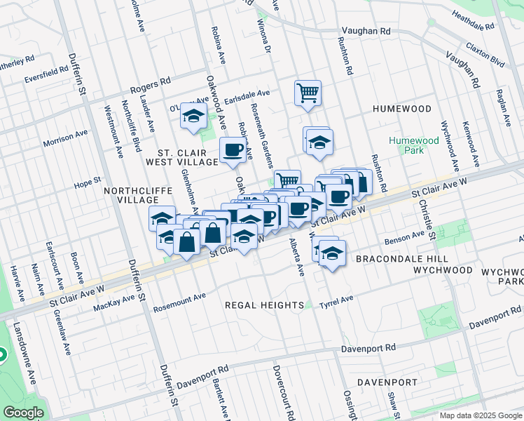 map of restaurants, bars, coffee shops, grocery stores, and more near 24 Robina Avenue in Toronto