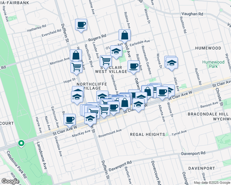 map of restaurants, bars, coffee shops, grocery stores, and more near 170 Glenholme Avenue in Toronto