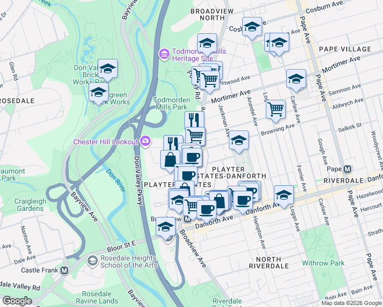 map of restaurants, bars, coffee shops, grocery stores, and more near 924 Broadview Avenue in Toronto