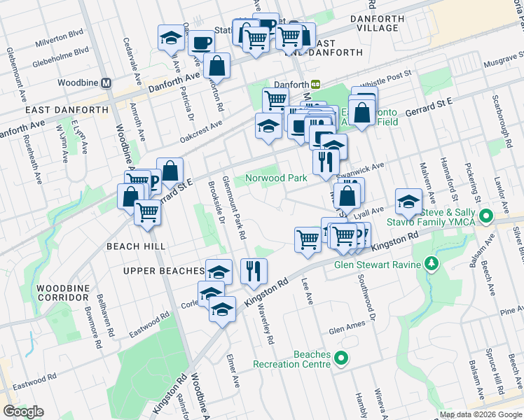 map of restaurants, bars, coffee shops, grocery stores, and more near 31 Glen Oak Drive in Toronto