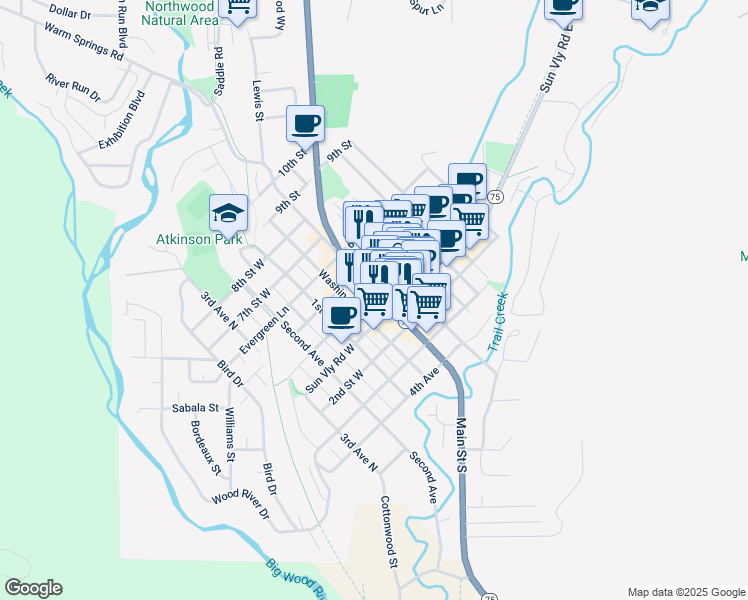 map of restaurants, bars, coffee shops, grocery stores, and more near 451 4th Street East in Ketchum
