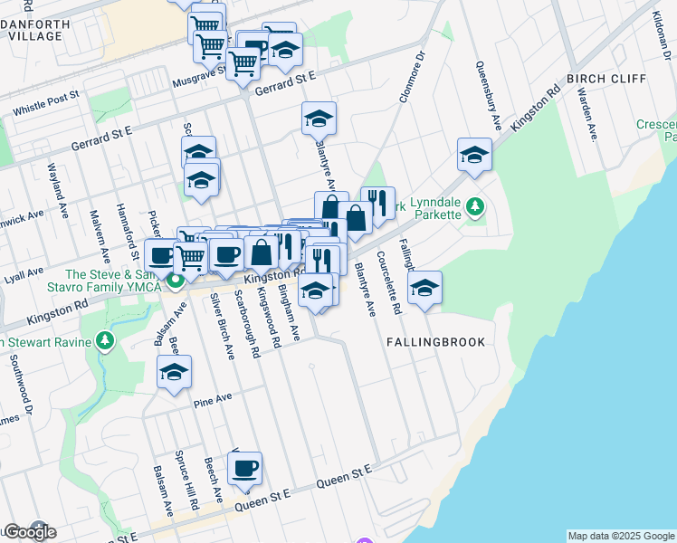map of restaurants, bars, coffee shops, grocery stores, and more near 1093 Kingston Road in Toronto