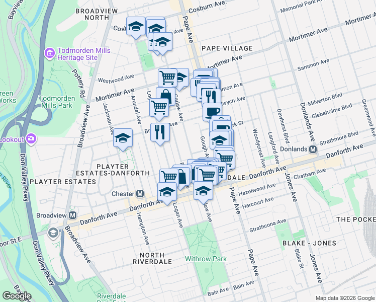 map of restaurants, bars, coffee shops, grocery stores, and more near 866 1/2 Carlaw Avenue in Toronto