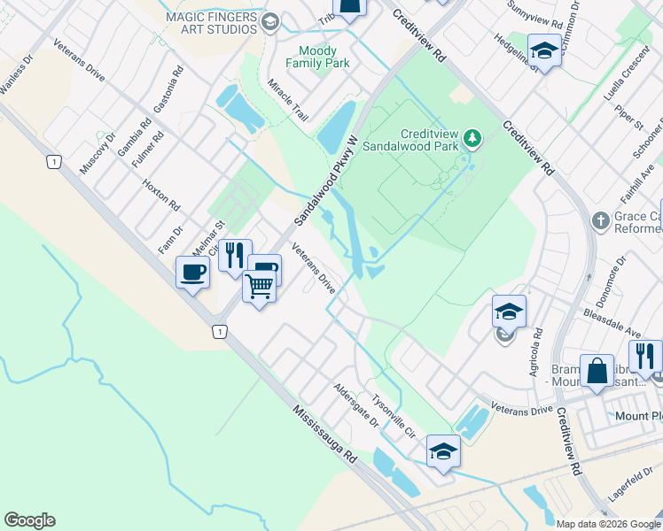 map of restaurants, bars, coffee shops, grocery stores, and more near 16 Soldier Street in Brampton