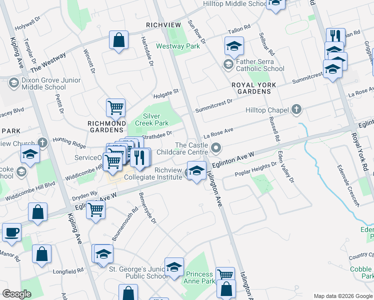 map of restaurants, bars, coffee shops, grocery stores, and more near 59 Waterford Drive in Toronto