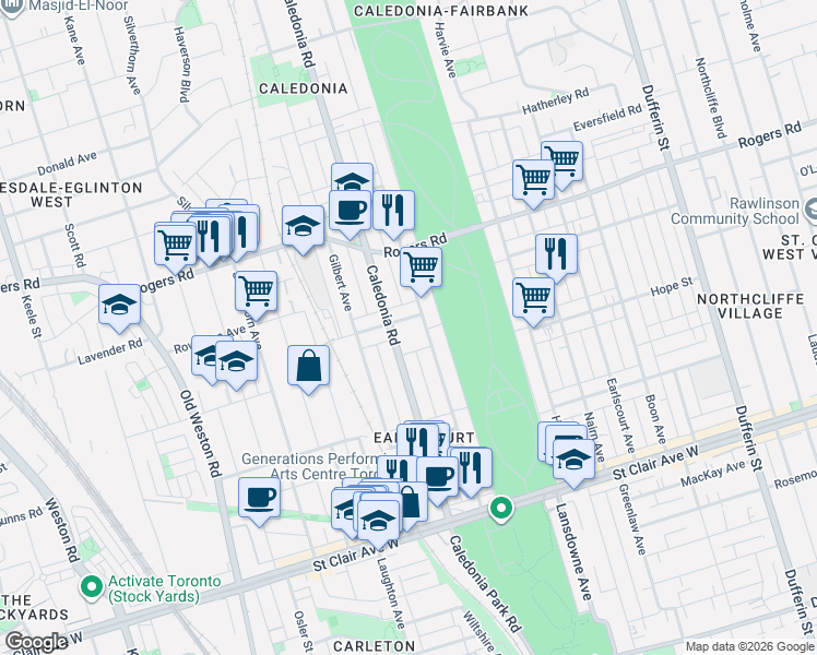 map of restaurants, bars, coffee shops, grocery stores, and more near in Toronto