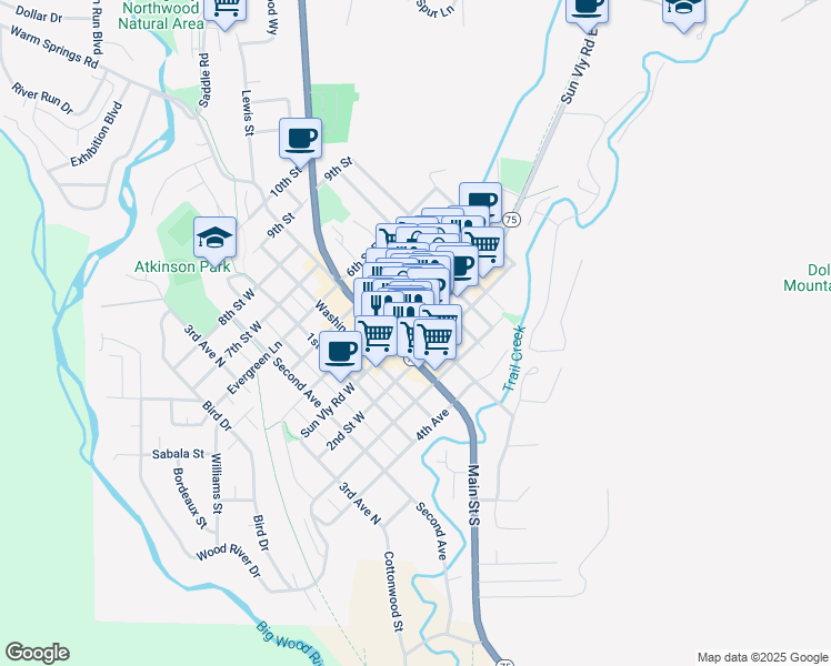 map of restaurants, bars, coffee shops, grocery stores, and more near 460 Sun Valley Road in Ketchum