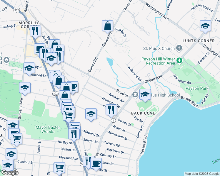 map of restaurants, bars, coffee shops, grocery stores, and more near 71 Read Street in Portland