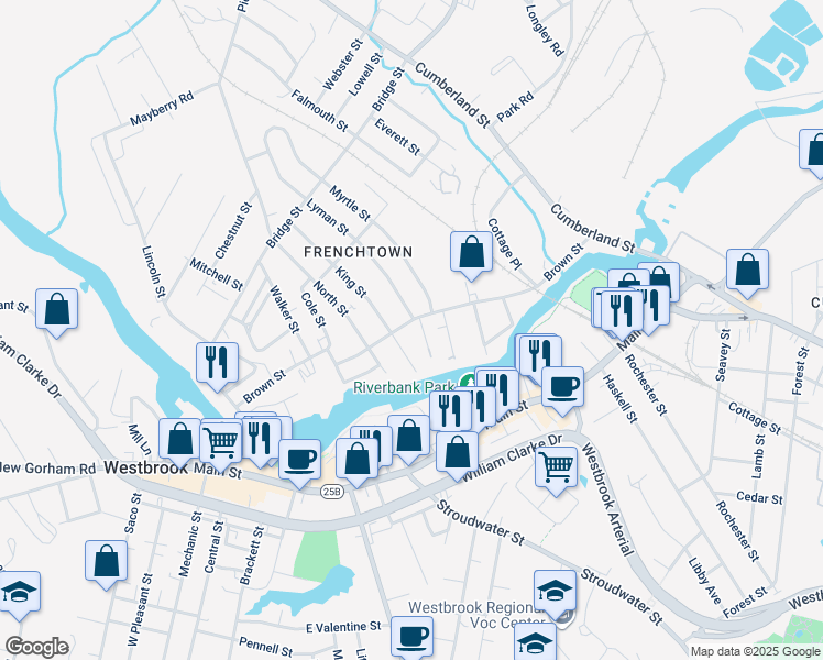 map of restaurants, bars, coffee shops, grocery stores, and more near 165 Brown Street in Westbrook