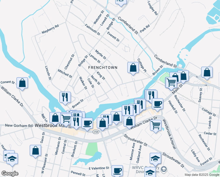 map of restaurants, bars, coffee shops, grocery stores, and more near 67 King Street in Westbrook