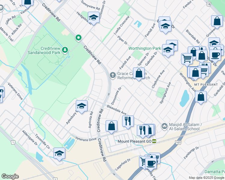 map of restaurants, bars, coffee shops, grocery stores, and more near in Brampton