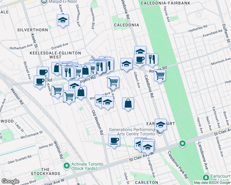 map of restaurants, bars, coffee shops, grocery stores, and more near 39 Rowntree Avenue in Toronto