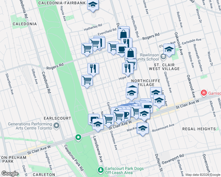 map of restaurants, bars, coffee shops, grocery stores, and more near 144 Boon Avenue in Toronto