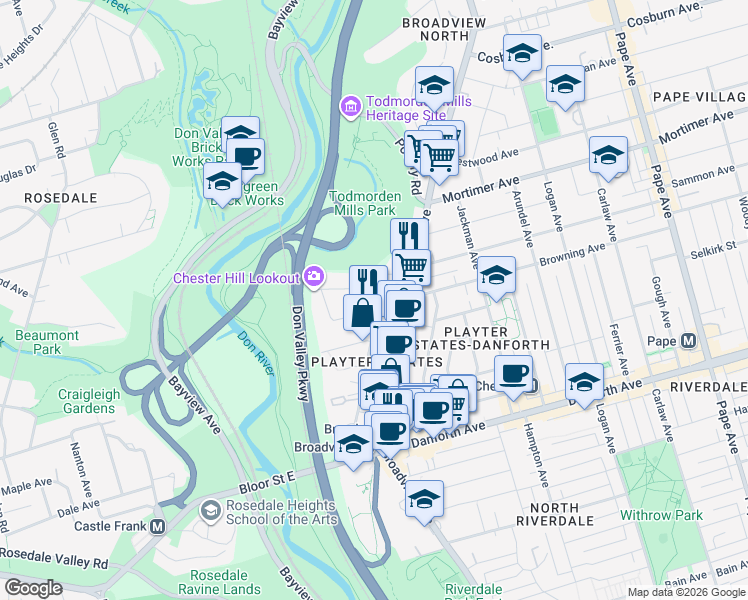 map of restaurants, bars, coffee shops, grocery stores, and more near 166 Cambridge Avenue in Toronto