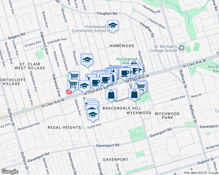 map of restaurants, bars, coffee shops, grocery stores, and more near 769 Saint Clair Avenue West in Toronto
