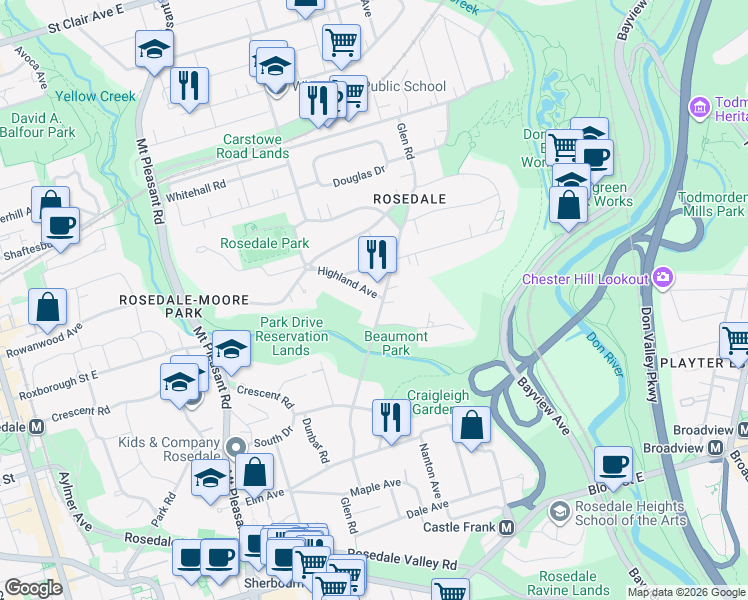 map of restaurants, bars, coffee shops, grocery stores, and more near 118 Glen Road in Toronto