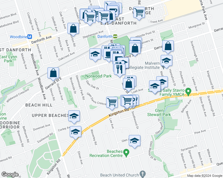 map of restaurants, bars, coffee shops, grocery stores, and more near 35 Benlamond Avenue in Toronto
