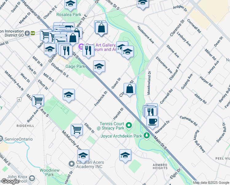 map of restaurants, bars, coffee shops, grocery stores, and more near 96 Main Street South in Brampton