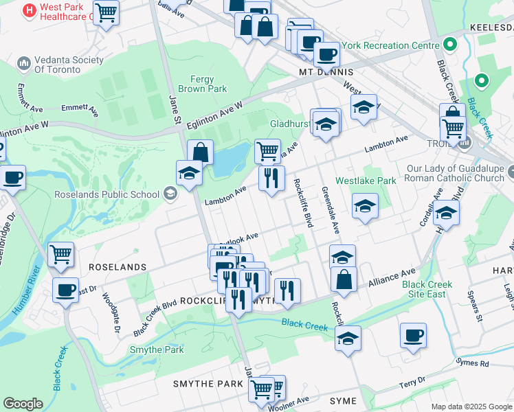 map of restaurants, bars, coffee shops, grocery stores, and more near 19 Beechwood Avenue in Toronto