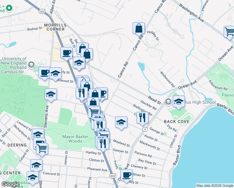 map of restaurants, bars, coffee shops, grocery stores, and more near 123 Gleckler Road in Portland