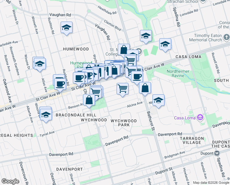 map of restaurants, bars, coffee shops, grocery stores, and more near 73 Hocken Avenue in Toronto
