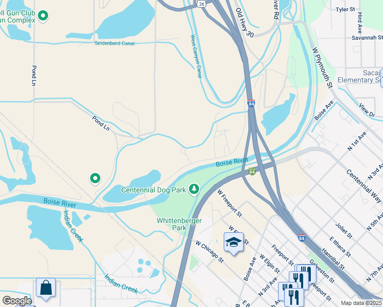 map of restaurants, bars, coffee shops, grocery stores, and more near 21395 Chicago Street in Caldwell