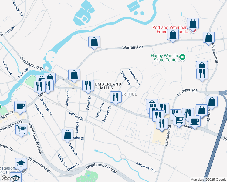 map of restaurants, bars, coffee shops, grocery stores, and more near in Westbrook
