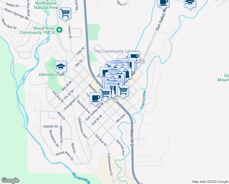 map of restaurants, bars, coffee shops, grocery stores, and more near 231 Sun Valley Road in Ketchum