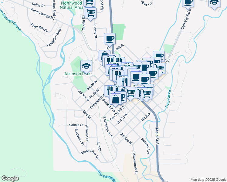 map of restaurants, bars, coffee shops, grocery stores, and more near 221 6th Street East in Ketchum