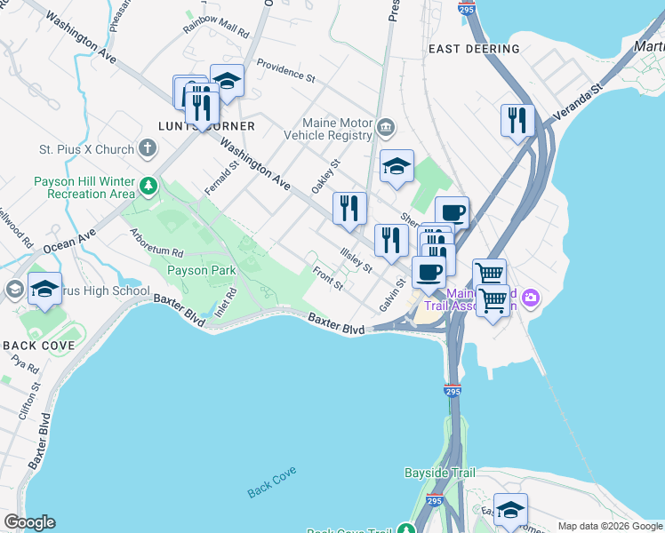 map of restaurants, bars, coffee shops, grocery stores, and more near 103 Front Street in Portland