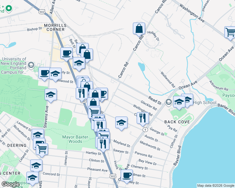 map of restaurants, bars, coffee shops, grocery stores, and more near 123 Gleckler Road in Portland