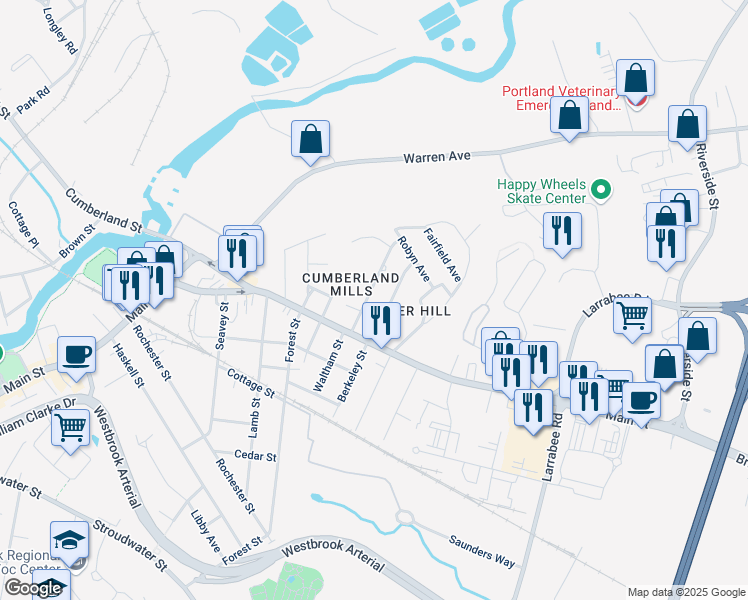 map of restaurants, bars, coffee shops, grocery stores, and more near in Westbrook