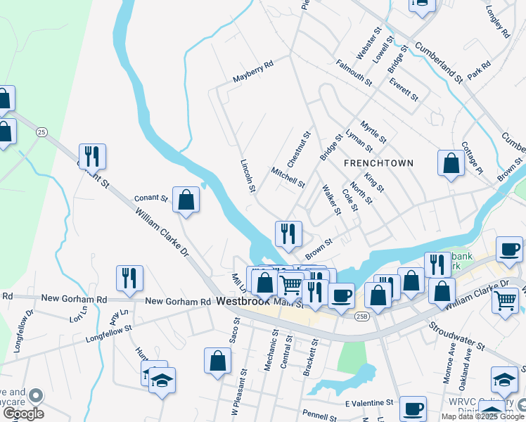 map of restaurants, bars, coffee shops, grocery stores, and more near 29 Lincoln Street in Westbrook