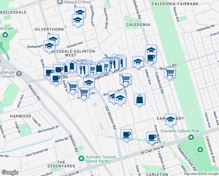 map of restaurants, bars, coffee shops, grocery stores, and more near in Toronto