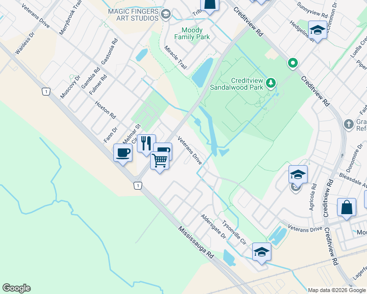 map of restaurants, bars, coffee shops, grocery stores, and more near in Brampton