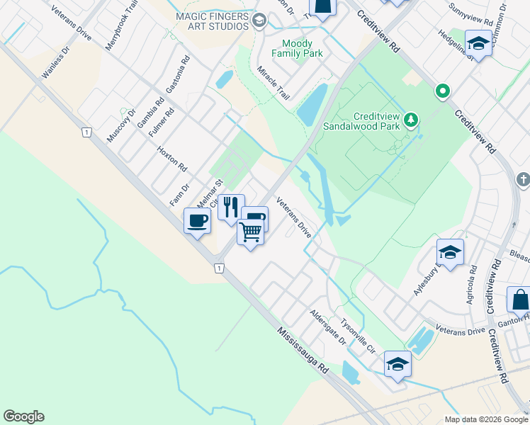 map of restaurants, bars, coffee shops, grocery stores, and more near in Brampton