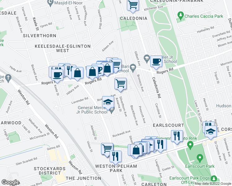 map of restaurants, bars, coffee shops, grocery stores, and more near 48 Rowntree Avenue in Toronto