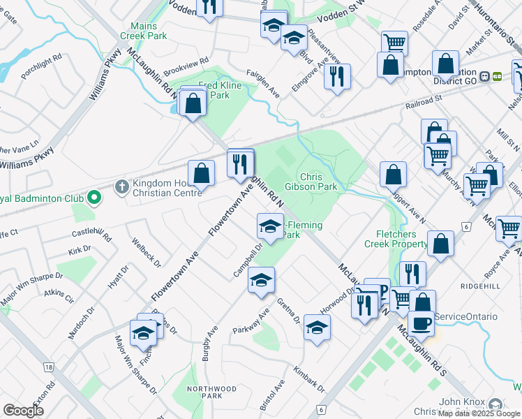 map of restaurants, bars, coffee shops, grocery stores, and more near 2 Leslie Street in Brampton