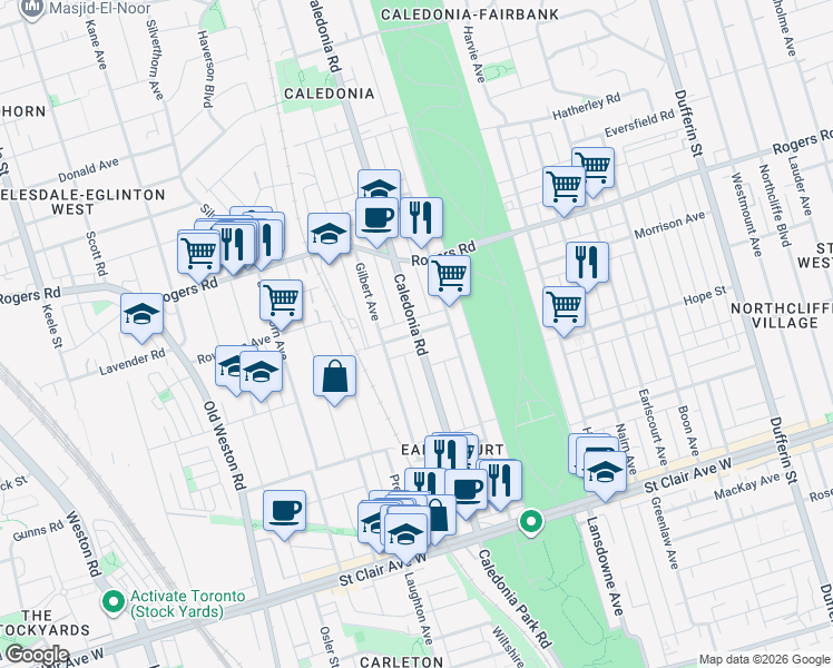 map of restaurants, bars, coffee shops, grocery stores, and more near Caledonia Road & Innes Avenue in Toronto
