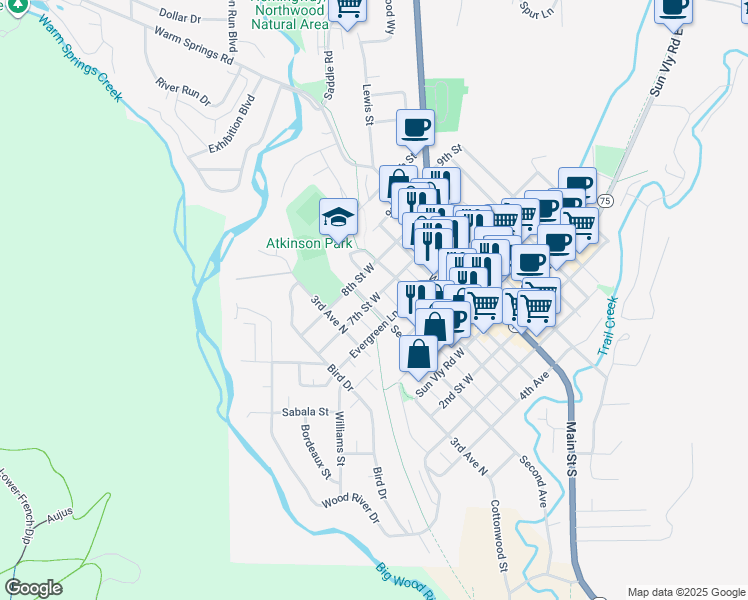 map of restaurants, bars, coffee shops, grocery stores, and more near 7th Street West in Ketchum