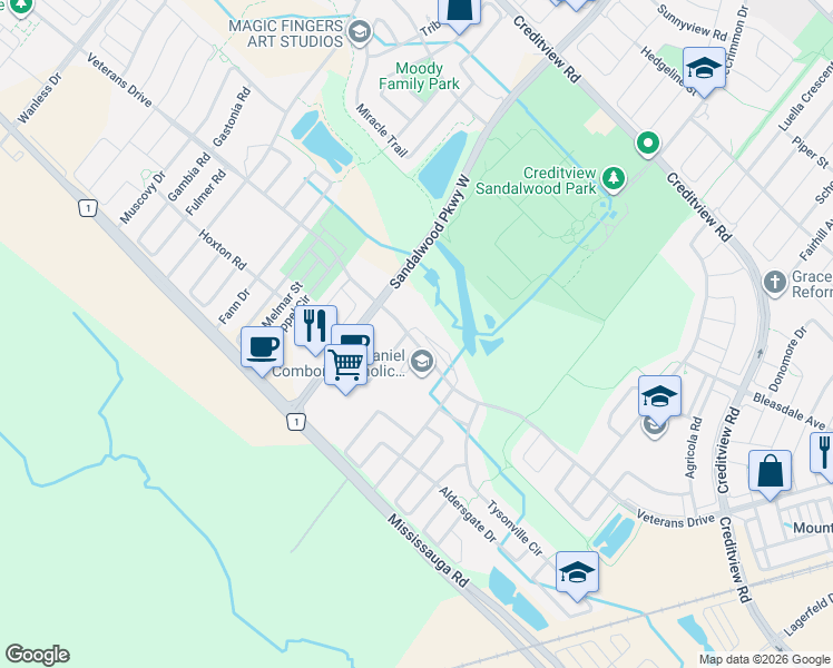 map of restaurants, bars, coffee shops, grocery stores, and more near 22 Battalion Road in Brampton