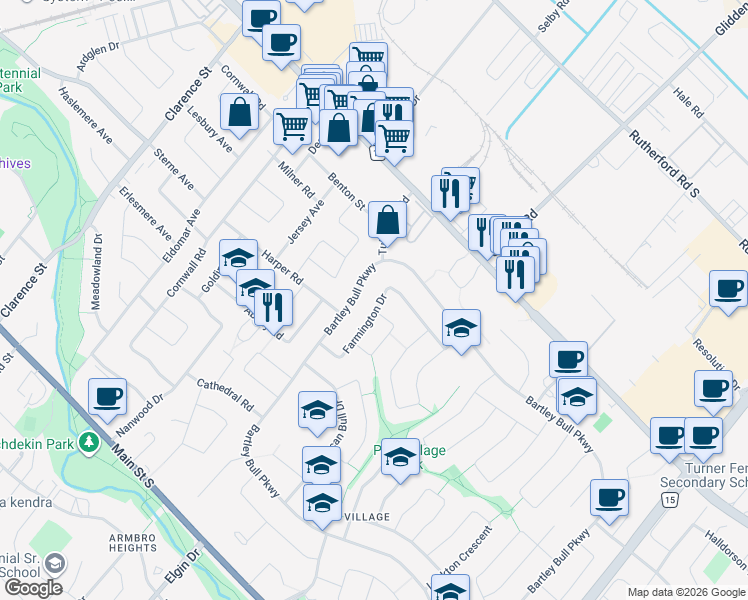 map of restaurants, bars, coffee shops, grocery stores, and more near 32 Farmington Drive in Brampton