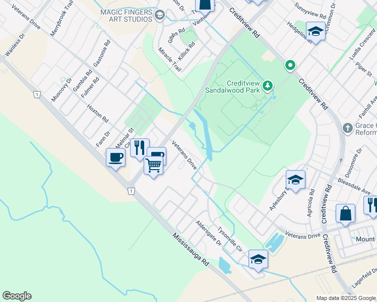 map of restaurants, bars, coffee shops, grocery stores, and more near 126 Battalion Road in Brampton
