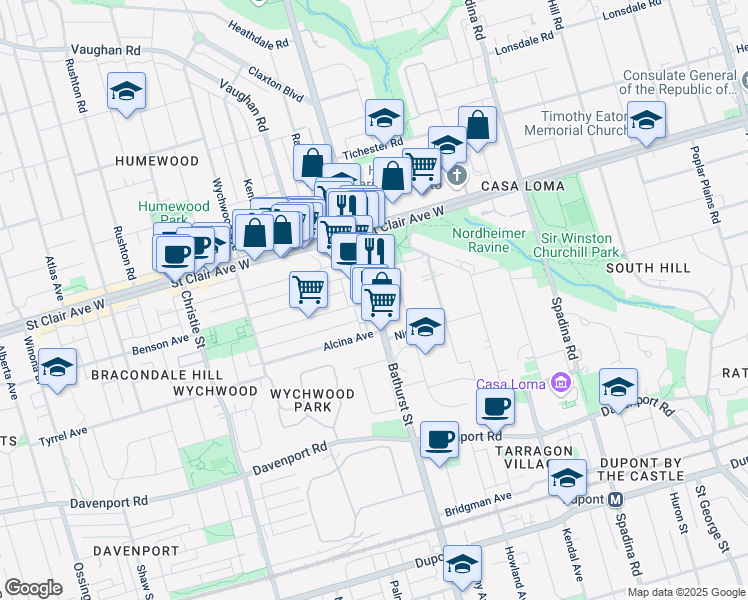 map of restaurants, bars, coffee shops, grocery stores, and more near Bathurst St & Helena Ave in Toronto