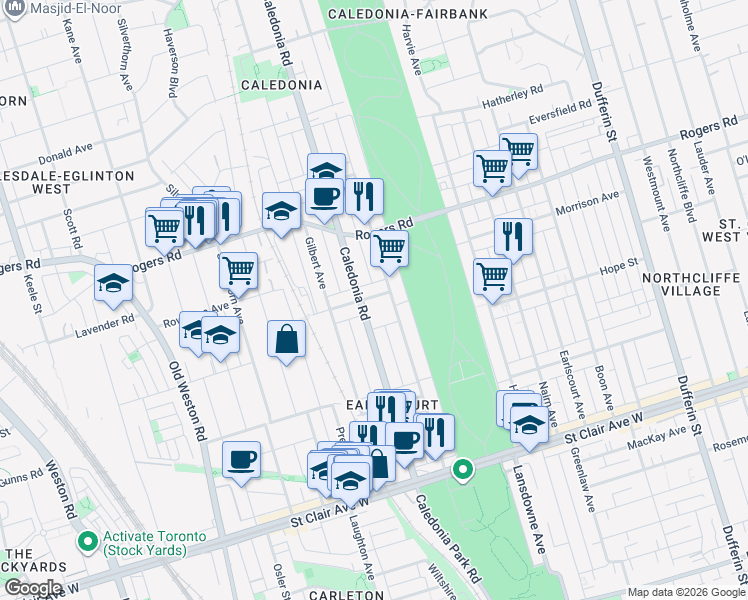 map of restaurants, bars, coffee shops, grocery stores, and more near 21 Innes Avenue in Toronto