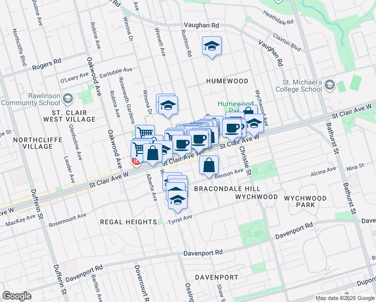 map of restaurants, bars, coffee shops, grocery stores, and more near 804A Saint Clair Avenue West in Toronto