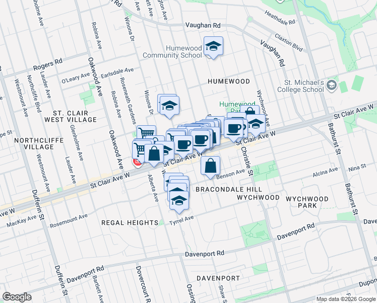 map of restaurants, bars, coffee shops, grocery stores, and more near 804A Saint Clair Avenue West in Toronto