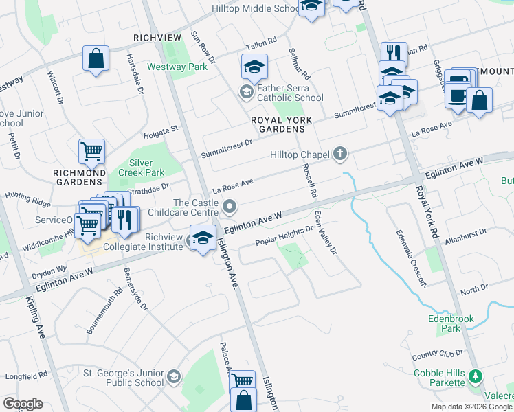 map of restaurants, bars, coffee shops, grocery stores, and more near 41 Hamptonbrook Drive in Toronto