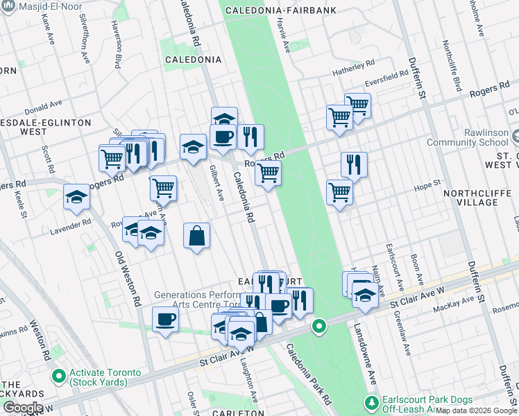 map of restaurants, bars, coffee shops, grocery stores, and more near 17 Innes Avenue in Toronto