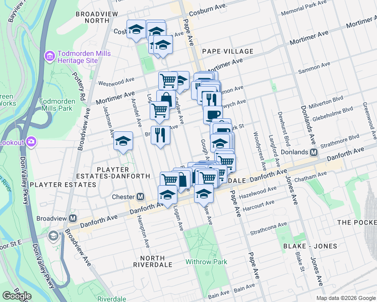 map of restaurants, bars, coffee shops, grocery stores, and more near 866 1/2 Carlaw Avenue in Toronto